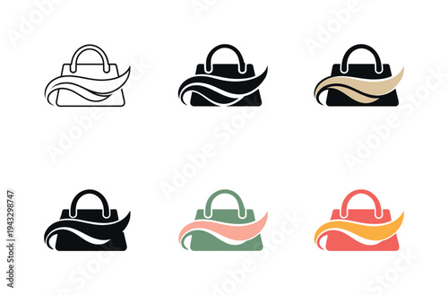Collection of shopping bag logos with abstract wave elements in various color schemes