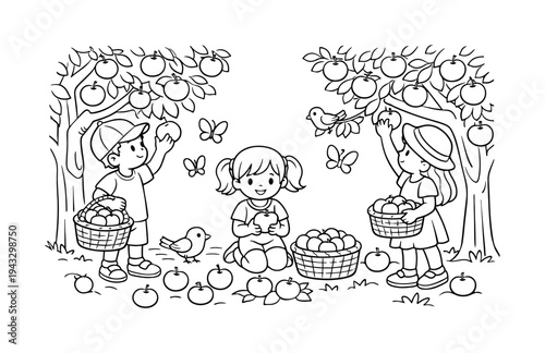 Children exploring an apple orchard, picking apples from trees, baskets and fallen apples on the ground, friendly birds and