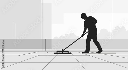 Modern Silhouette of a Worker Mopping a Tiled Floor in a Bright Interior