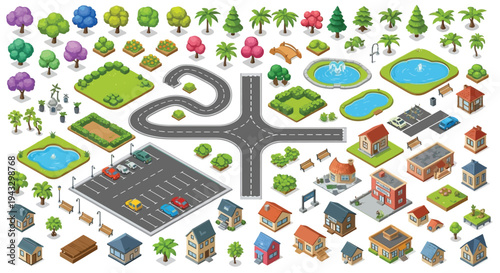 Isometric city elements including roads trees buildings and water features