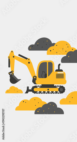 Modern Yellow Excavator Digging Earth on Construction Site Minimalist Style
