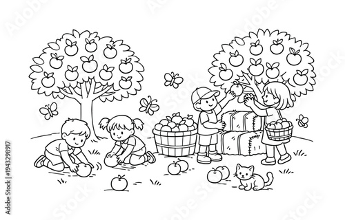 Apple Orchard Play. Apple orchard with kids rolling apples along the ground, picking fresh fruit, hay bales, butterflies, and a