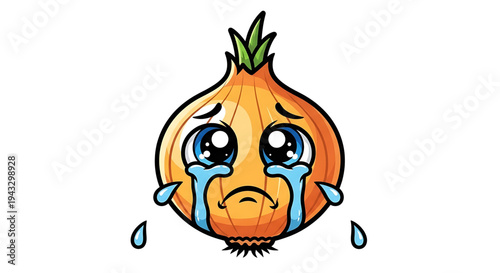 Sad crying cartoon onion character with big blue eyes and tears streaming down its face expressing strong negative emotion isolated on a white background symbolizing sadness