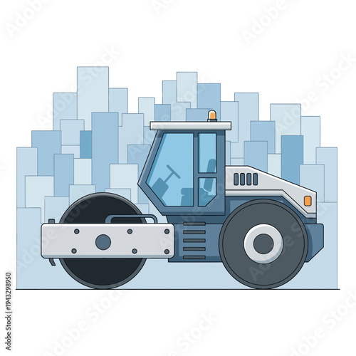 Modern Steamroller Machine Operates Near City Skyline