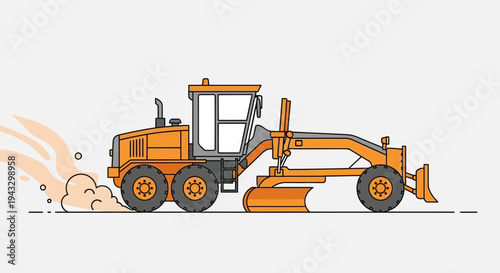 Modern Road Grader Machine In Motion Creating Dust Clouds On A White Background