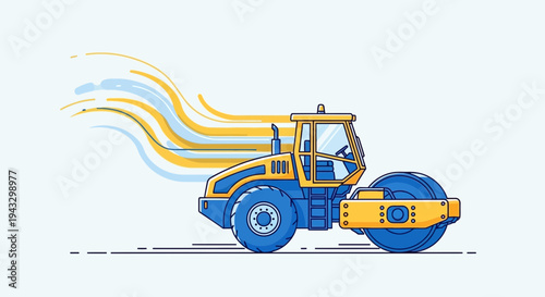 Modern Steamroller Machine With Abstract Motion Lines For Road Construction