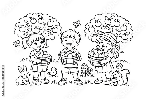 Children enjoying a sunny apple orchard, holding baskets full of apples, friends laughing, trees, flowers, and small friendly