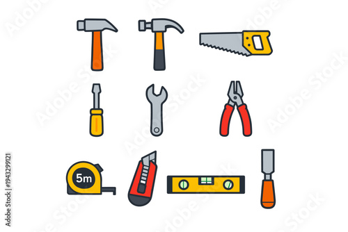A collection of carpentry and DIY tools, including a hammer, saw, screwdriver, wrench, pliers, tape measure, utility knife, spirit level, and chisel, ideal for repair and construction projects