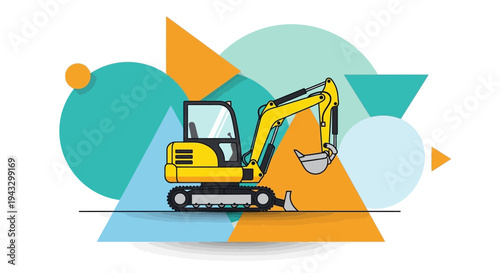 Modern Yellow Excavator Machine Graphic Design And Geometric Shapes