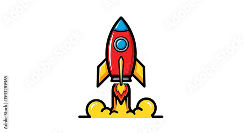 Cartoon rocket ship launching upwards with bright orange and yellow flames erupting from its base symbolizing startup innovation and rapid growth set against a clean white