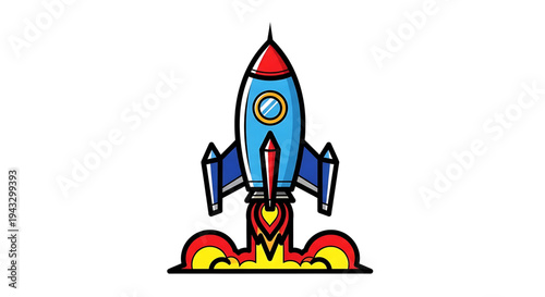Retro cartoon style rocket blasting off with fiery exhaust and smoke against a clean white background symbolizing startup innovation and space exploration with vibrant colors