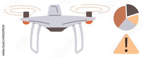 Technology, surveillance, analytics, risk assessment, data reporting, warning systems. A quadcopter, pie chart and caution sign are . Surveillance and analytics concept for risk and data analysis