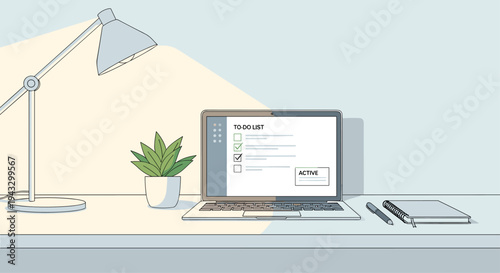 A minimalist desk setup features an open laptop displaying a TO DO LIST alongside a desk lamp, a potted plant, and a notebook.