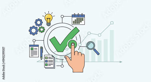 A prominent green checkmark is being pressed by a human hand, centrally positioned amidst various icons and a rising bar chart.