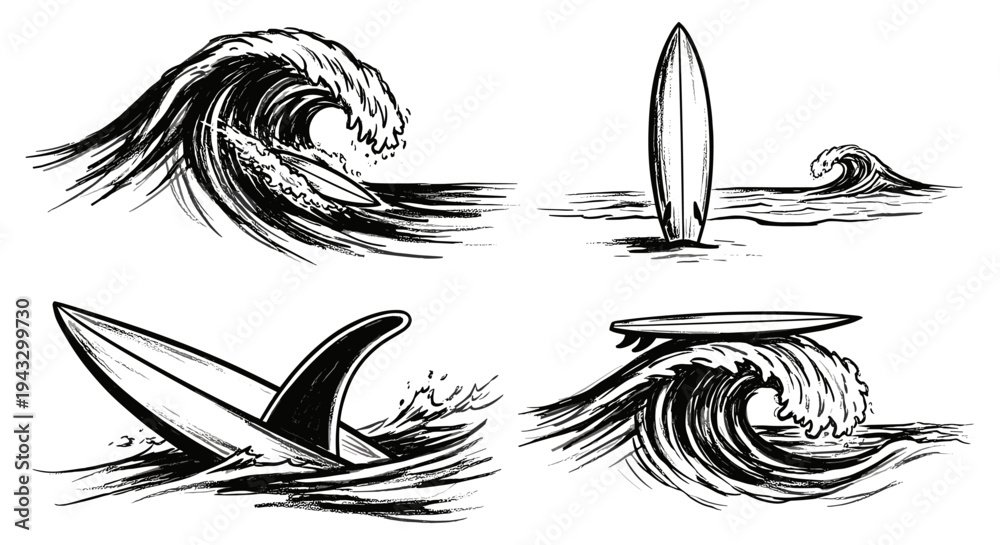 Fototapeta premium Collection of stylized black and white illustrations of surfboards and ocean waves
