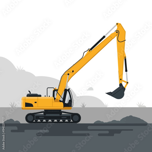 Modern Yellow Excavator Machine Working on Construction Site with Dirt Pile