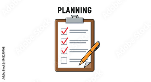 A brown clipboard with a silver clip displays a checklist with three red checkmarks and one empty box, accompanied by an orange pen, above the bold black text 'PLANNING' on a white background.