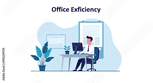 A man in a blue suit sits at a desk, working on a desktop computer with a large monitor, next to a potted plant, under the text 'Office Exficiency' in a bright office environment.
