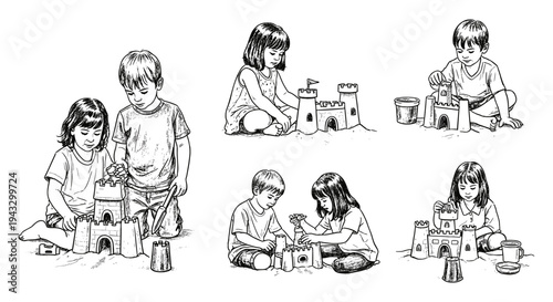 Children happily building sandcastles together on a sunny day at the beach