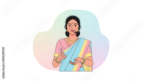 Woman in traditional indian sari holding a cup smiling