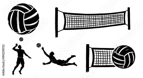 Dynamic black and white illustration of volleyball players in action with nets and balls