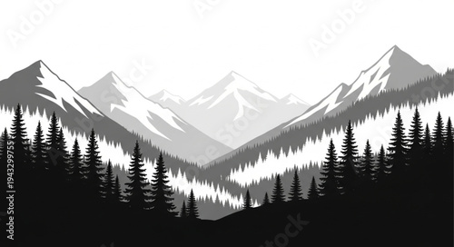 Snowy Mountains with Silhouetted Trees.