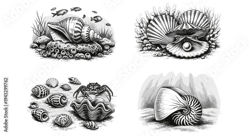 Collection of detailed black and white illustrations of seashells, pearls, and marine life