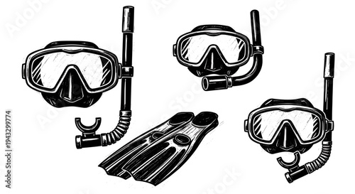 Collection of vintage diving masks and snorkels with fins, black and white illustration