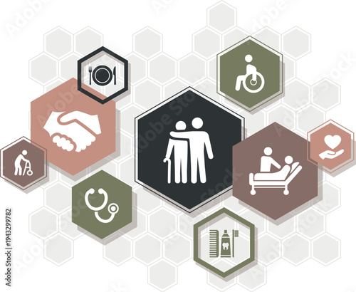 Care / nursing vector illustration. Colourful concept with icons related to domestic healthcare / patient care for sick, injured or elderly people / household help / support during rehabilitation.