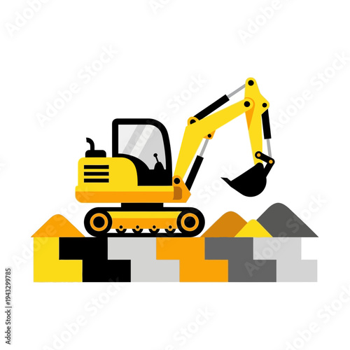 Modern Yellow Excavator Operating on Colorful Foundation Blocks Building Construction Site