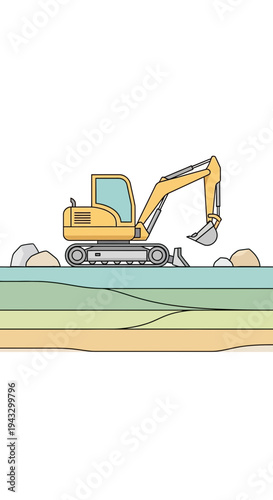 Modern Yellow Excavator Working On Ground Layers Minimalist Illustration