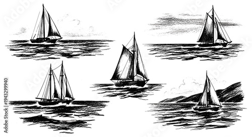 Collection of five vintage sailboats sailing on the open sea with choppy waves and distant hills