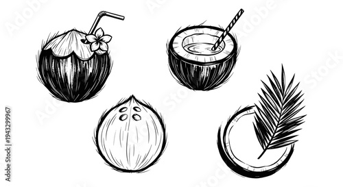 Hand-drawn black and white illustrations of coconuts and tropical drinks