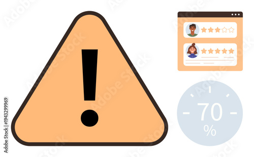 Risk management, online reviews, ratings, feedback system, reputation analysis, data monitoring. Warning triangle, user reviews with stars percentage score. Risk management and online reviews