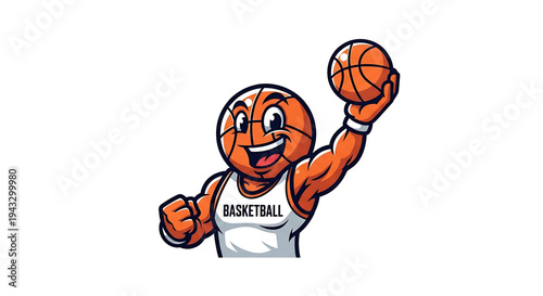 Energetic cartoon basketball character with muscular arms wearing a white jersey labeled 'basketball' triumphantly holding an orange basketball overhead with a wide smile