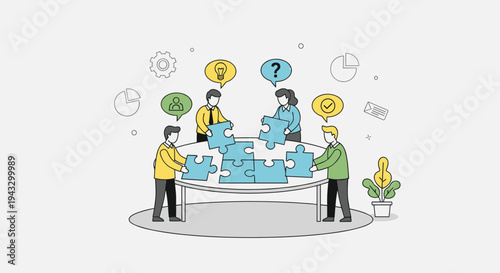 Four diverse individuals are collaboratively assembling large blue puzzle pieces on a round table, surrounded by various thought bubble icons.