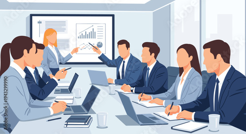 Eight diverse business professionals are seated around a long conference table, observing a woman presenting data on a whiteboard in an office.