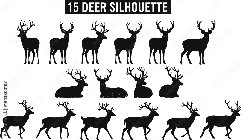 Obraz premium Deer silhouette set with fifteen buck and stag poses, black wild animal vector icons isolated on white, cad drawing flat vector illustration