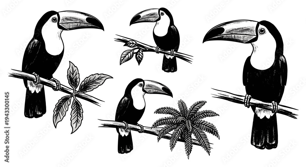Naklejka premium Collection of Toucans Perched on Branches with Tropical Foliage in Black and White