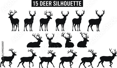 Deer silhouette set with fifteen buck and stag poses, black wild animal vector icons isolated on white, cad drawing flat vector illustration