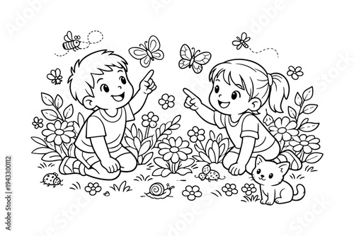 Children kneeling to observe butterflies in a colorful garden, smiling and pointing, flowers, leaves, and small insects
