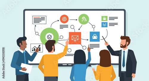 Five diverse business professionals are standing in front of a large whiteboard, actively pointing at a complex flowchart diagram.