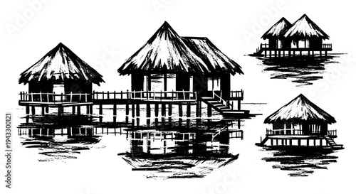 Hand-drawn sketch of overwater bungalows with thatched roofs reflected in water