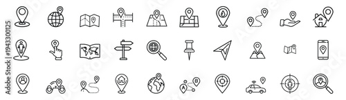 Maps and navigation outline icon set featuring location pin and route tracking for travel guide and GPS positioning and more vector illustration or editable stroke