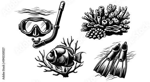 Vintage illustration of snorkeling gear, coral reef, and fish for underwater exploration