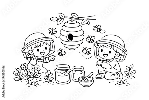 Beehive Adventure Kids. Children exploring a bee hive, wearing friendly beekeeper hats, observing bees buzzing around flowers,
