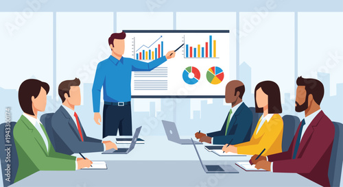 A male presenter stands before a whiteboard displaying colorful charts, addressing six diverse business professionals at a conference table.