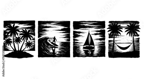 Tropical beach scenes with palm trees, surfing, sailing, and hammock at sunset