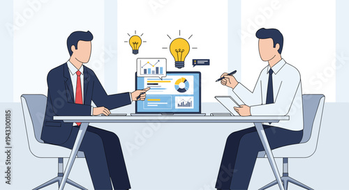 Two men are seated opposite each other at a desk, discussing data displayed on a laptop screen in a bright office.