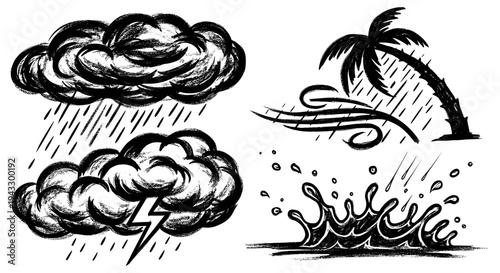 Hand-drawn black and white illustrations of stormy weather elements like clouds, rain, lightning, and wind